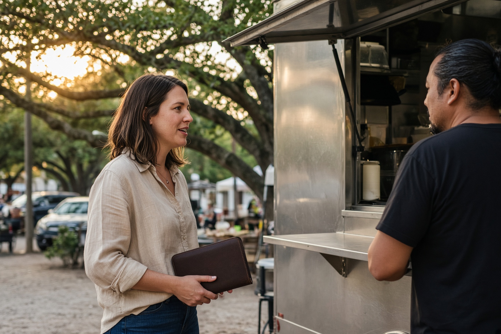 Concierge coordinating with a food truck operator at an event