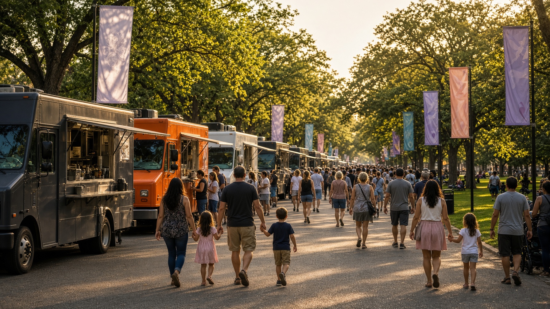 Food trucks along a park path at a community festival