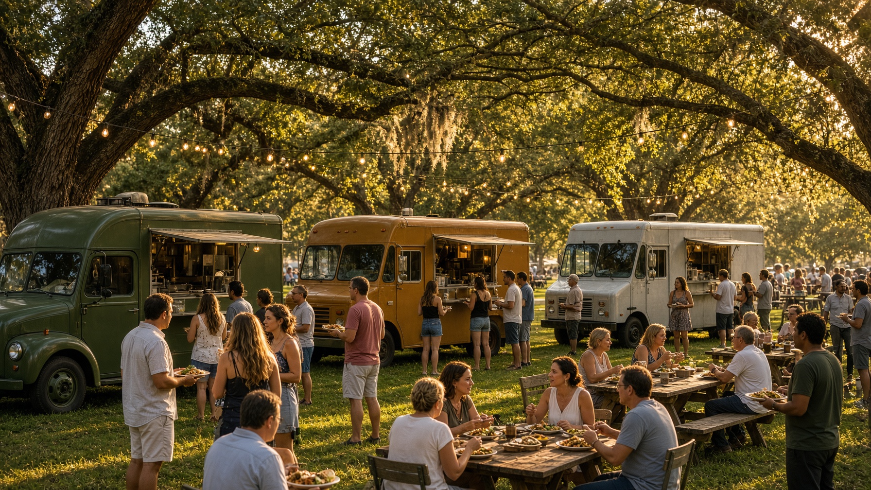 Food trucks at a golden-hour gathering under live oaks